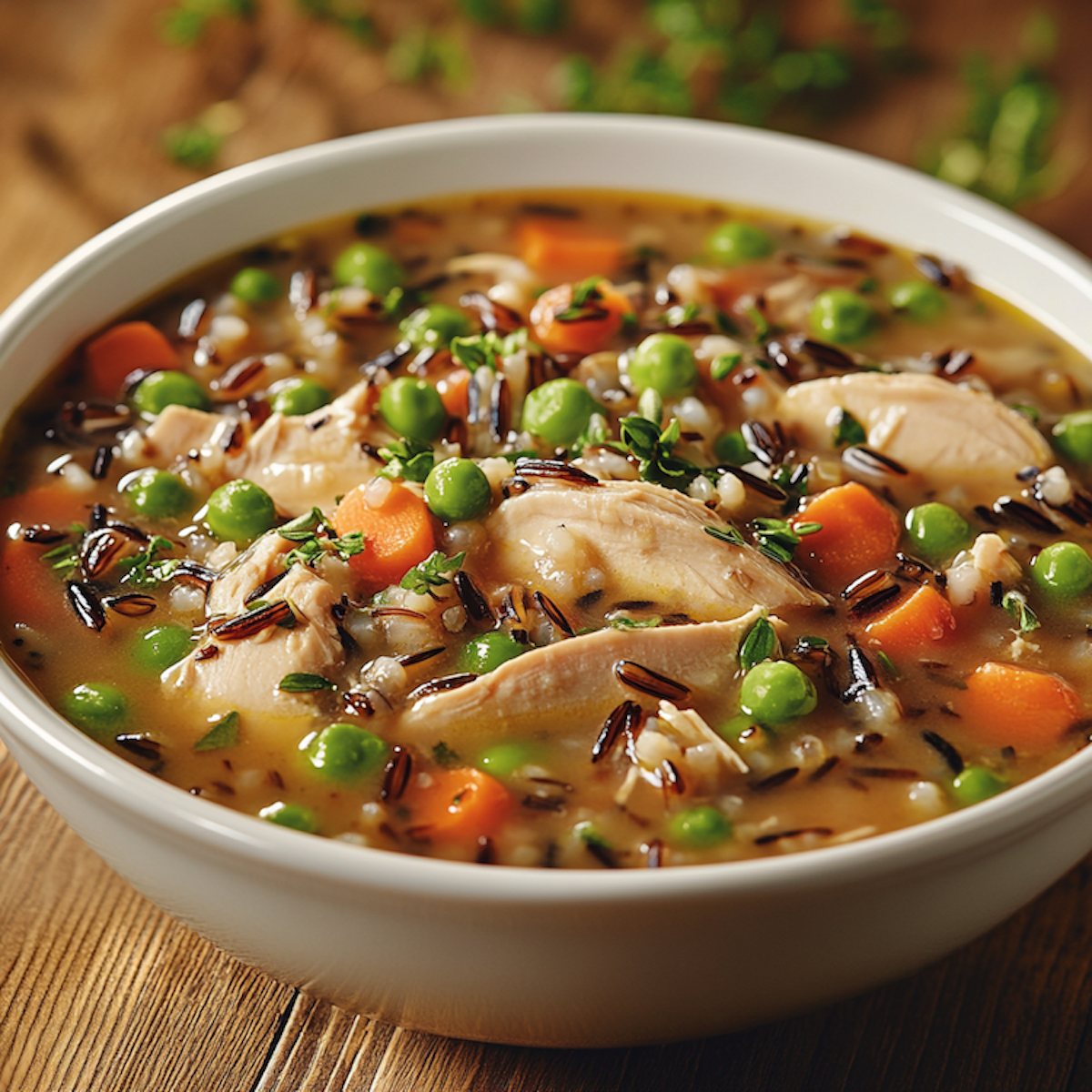 Bowl of creamy Chicken and Wild Rice Soup with tender chicken, wild rice, and vegetables, topped with fresh herbs