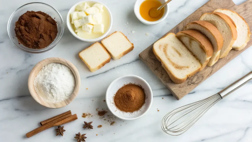 Top-down photo of ingredients including brioche toast, cinnamon, brown sugar, butter, cream cheese, and powdered sugar arranged on a marble counter.