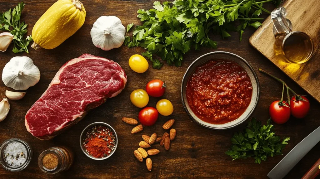 A visually stunning display of fresh hanger steak, yellow squash, romesco sauce, and other key ingredients on a rustic wooden countertop.