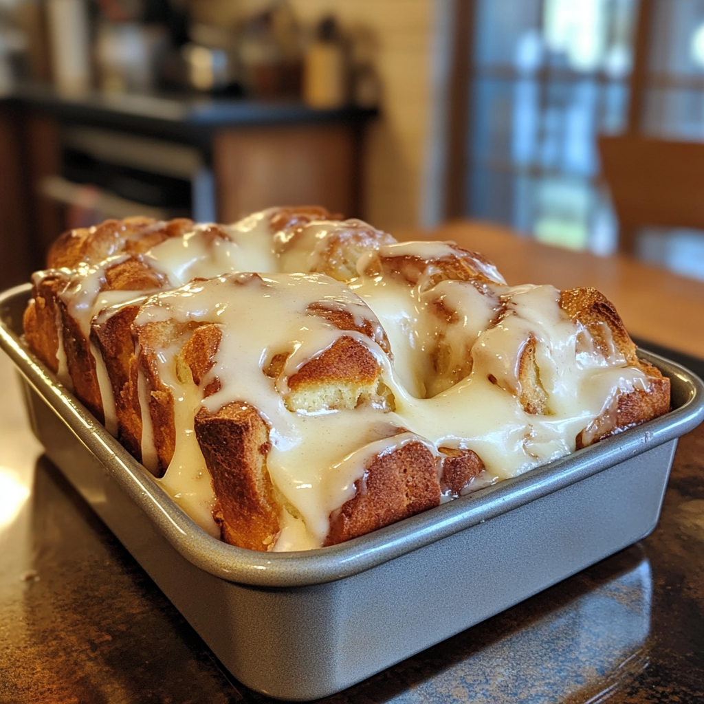 Golden-brown cinnamon roll pull-apart toast in a loaf pan, topped with creamy, drizzled glaze. Visible layers of cinnamon swirl add a warm, indulgent appeal