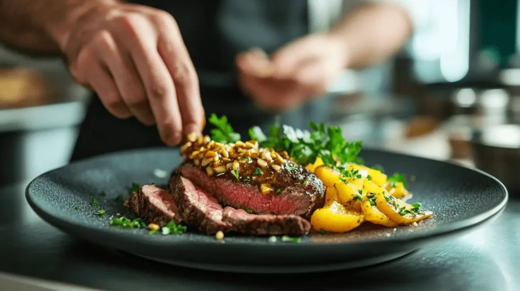 A nearly completed dish of sliced hanger steak with sautéed yellow squash and a drizzle of romesco sauce, elegantly plated with fresh garnishes.