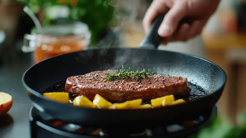 A chef skillfully searing hanger steak while sautéing yellow squash in a modern kitchen, with a pot of romesco sauce simmering nearby.