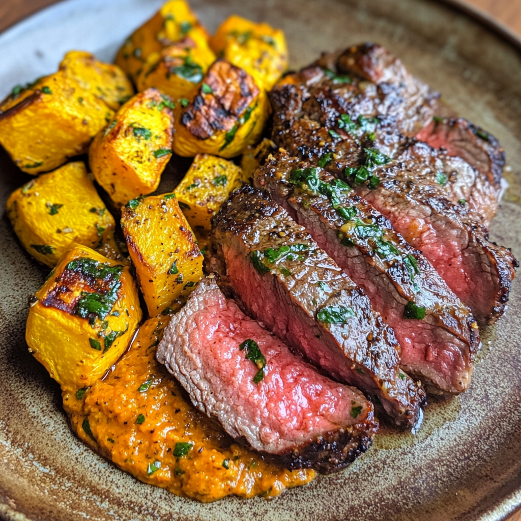 Sliced hanger steak with Romesco sauce and roasted yellow squash on a rustic plate, garnished with fresh herbs