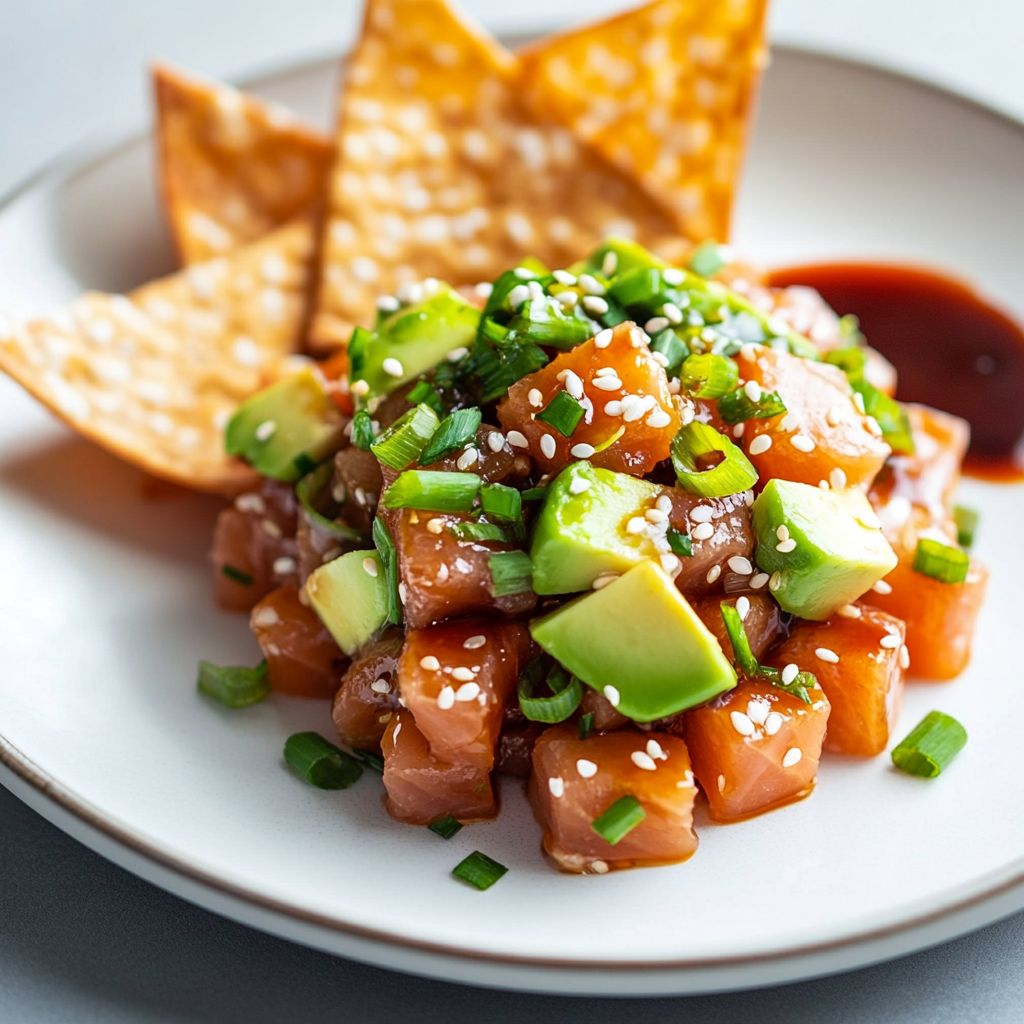 Spicy Tuna Tartare served on a plate, featuring diced fresh tuna, creamy avocado, and garnished with sesame seeds and scallions, ready to be enjoyed with crackers or wonton chips.