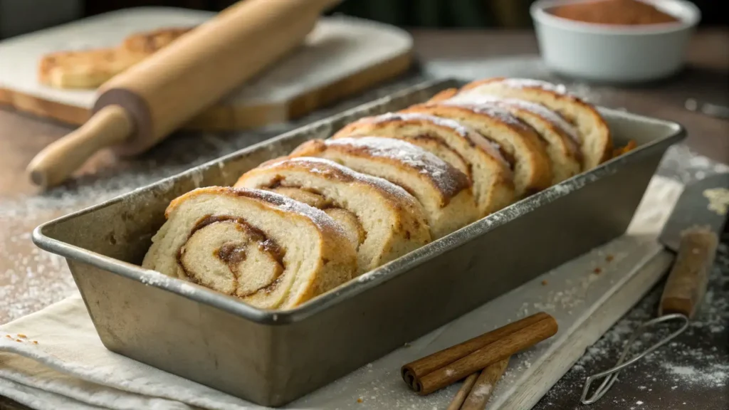 Unbaked pull-apart toast in a loaf pan with layers of cinnamon sugar and glaze, ready for the oven.