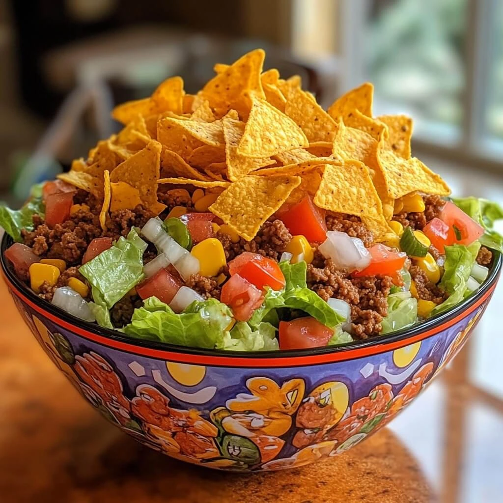 A finished plate of Dorito Taco Salad garnished with sour cream and cilantro, served in a white bowl on a rustic table.