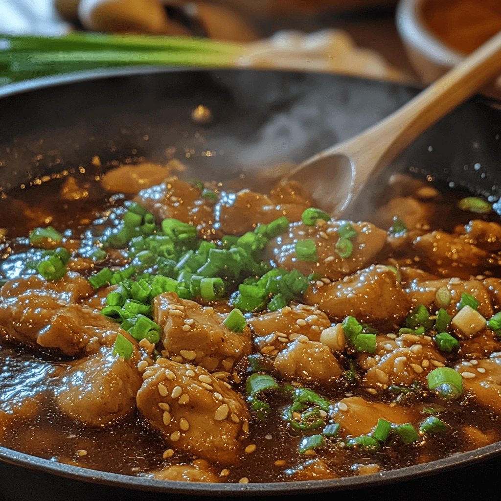 Shoyu Chicken simmering in a pan with a soy-based sauce, topped with garlic and ginger slices, with steam rising.