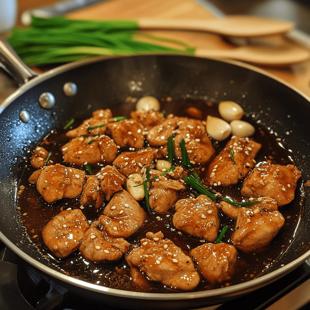 Shoyu Chicken simmering in a pan with a soy-based sauce, topped with garlic and ginger slices, with steam rising.