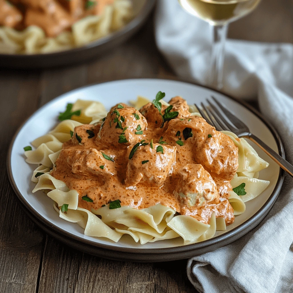 A plate of chicken paprikash served over egg noodles, garnished with fresh parsley.