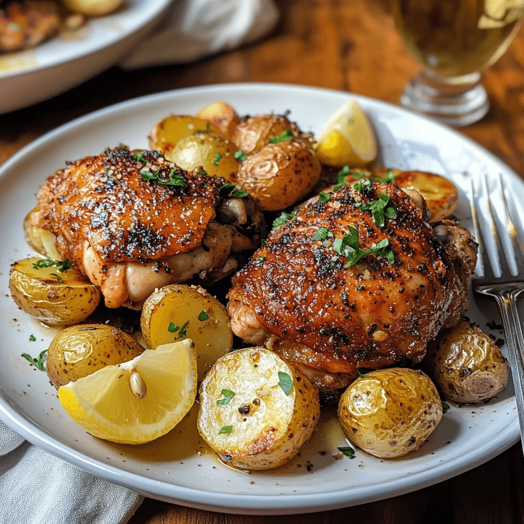 A plated dish of Greek lemon chicken and potatoes garnished with fresh parsley and served with lemon wedges.
