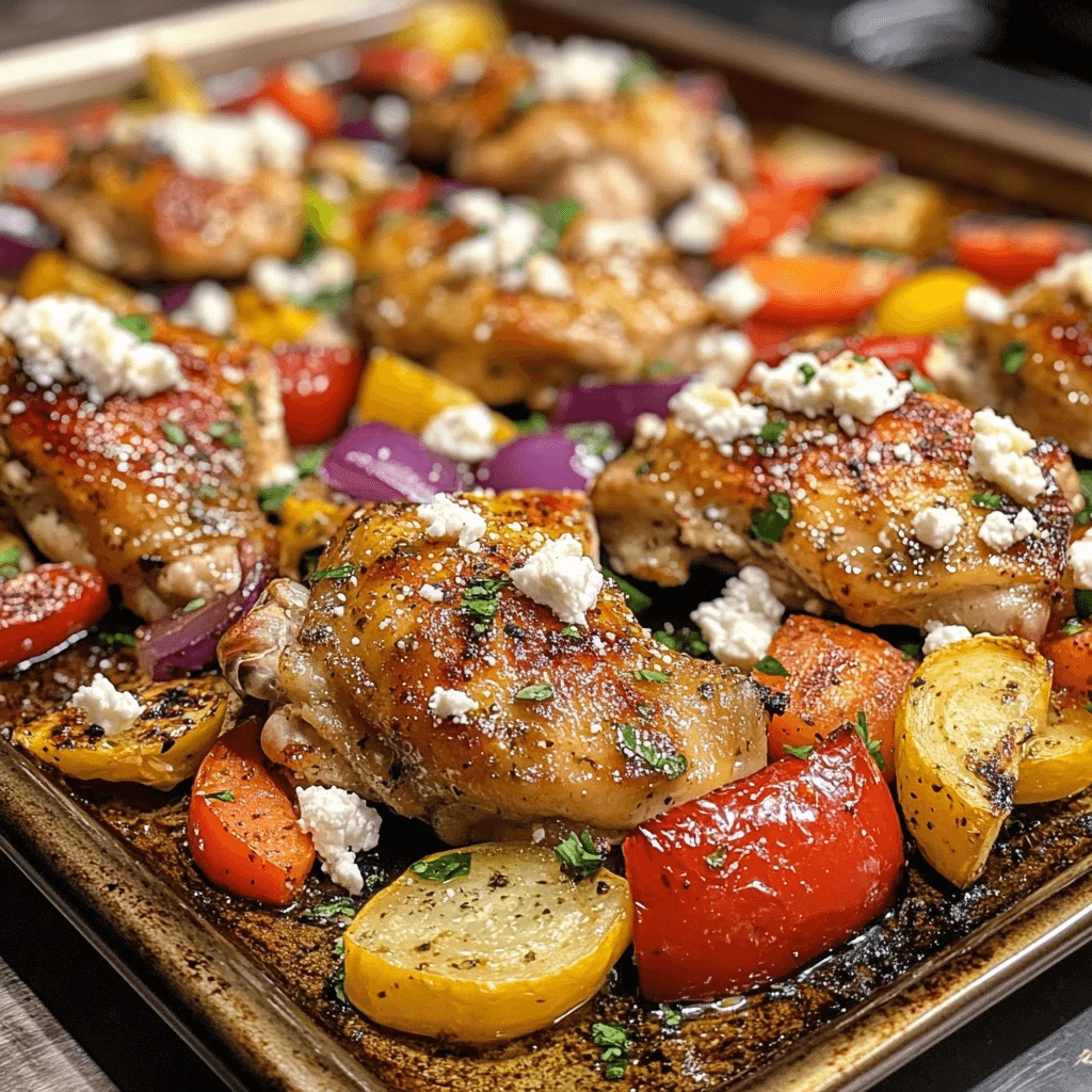 Sheet pan feta chicken with roasted veggies served on a wooden table, garnished with fresh herbs.