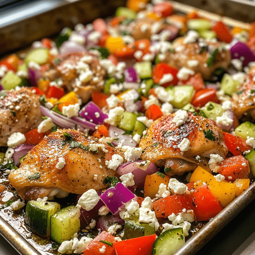 Chicken thighs and vegetables roasting in the oven with melting feta cheese.