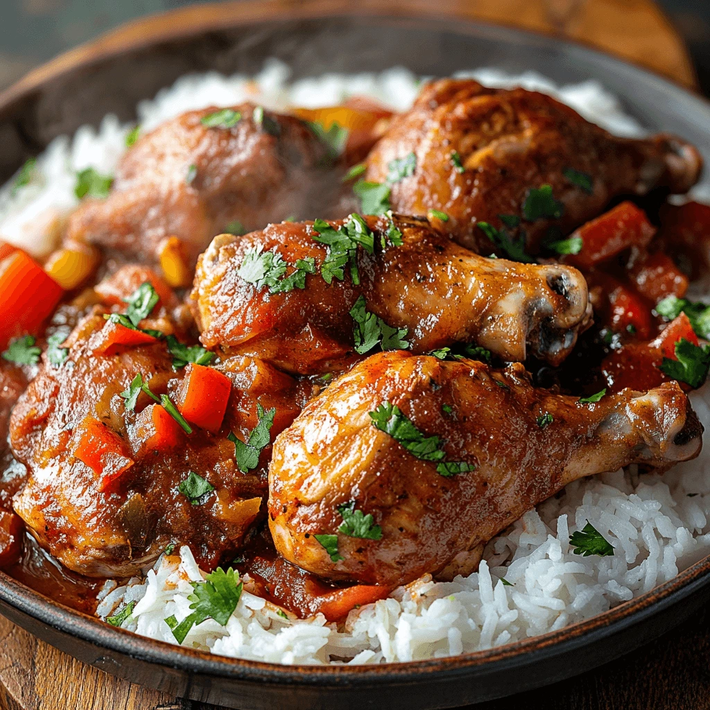 Pollo Guisado served with white rice, fried plantains, and garnished with fresh cilantro.