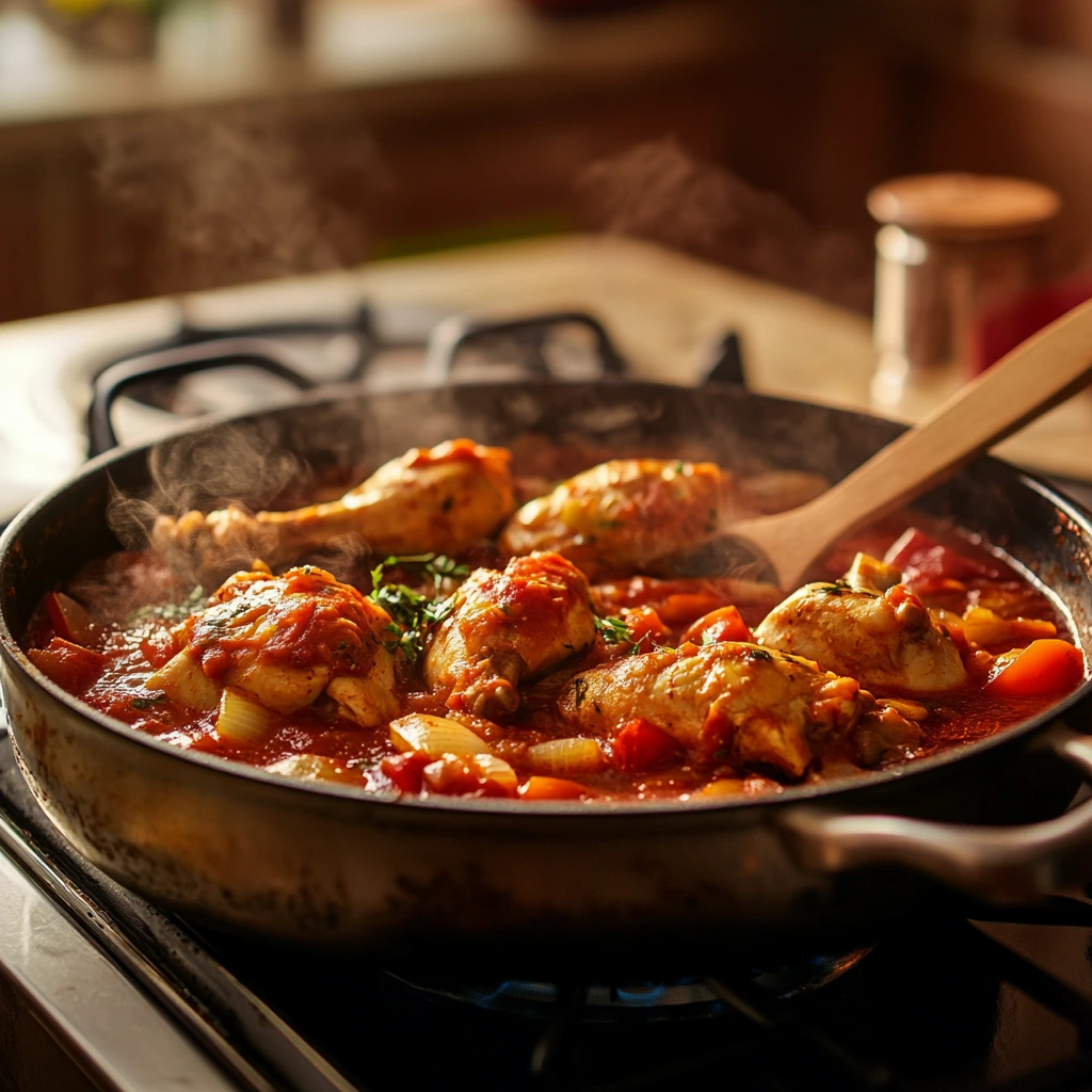 Pollo Guisado simmering in a pot with chicken, bell peppers, onions, and a rich tomato-based sauce.