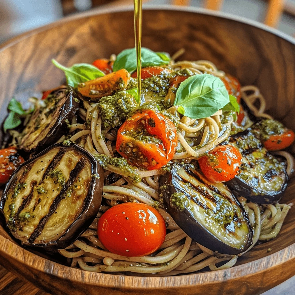 Soba noodles being tossed with pesto, grilled eggplant slices, and cherry tomatoes in a wooden bowl.