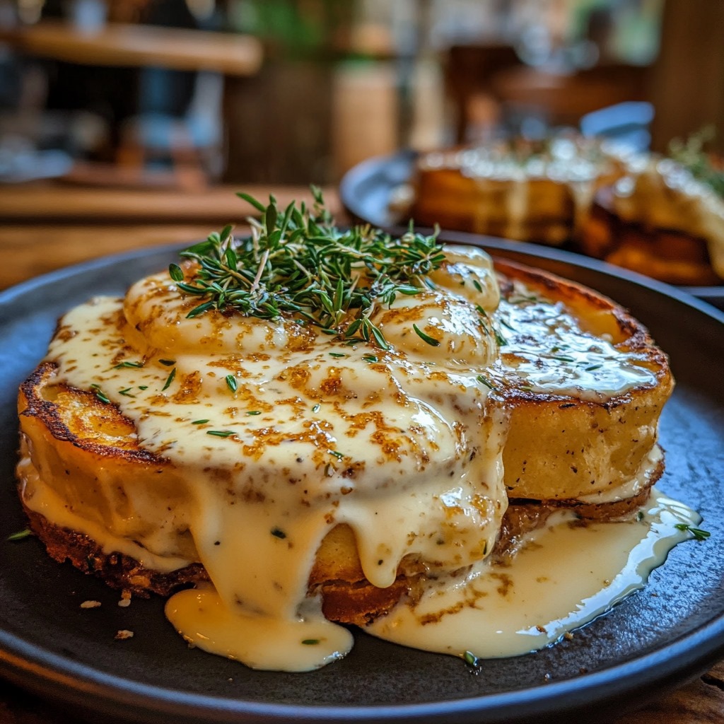 Golden crispy Savory Parmesan French Toast garnished with parsley on a plate.