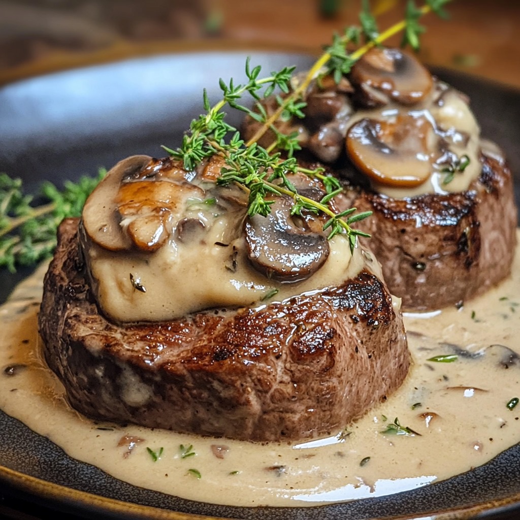 A perfectly cooked beef tenderloin served on a plate, topped with a rich and creamy mushroom sauce, garnished with fresh herbs.