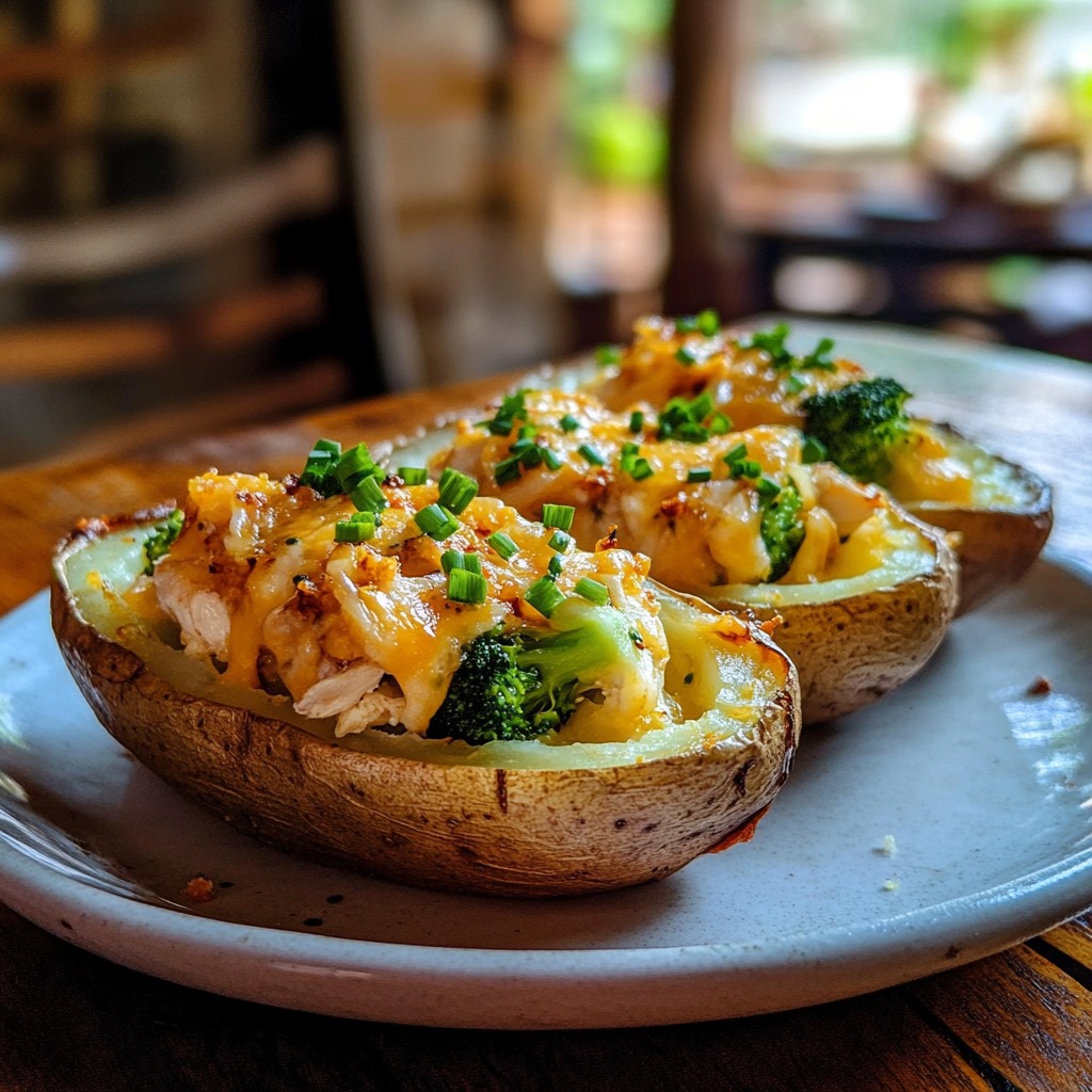 Creamy baked potato chicken and broccoli casserole in a baking dish.