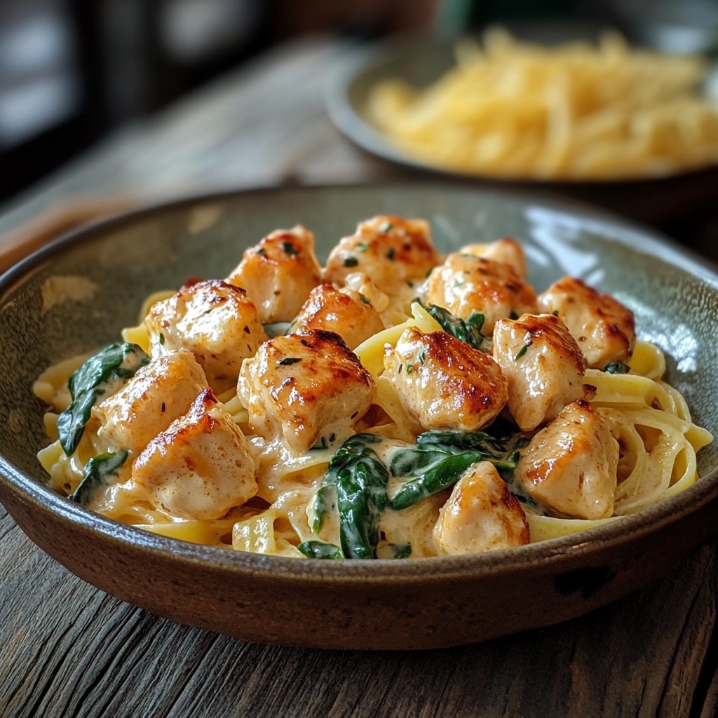 Garlic Butter Chicken Bites plated with creamy Parmesan pasta and fresh spinach.