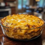 Golden-baked Sausage, Egg, and Cream Cheese Hashbrown Casserole in a baking dish.