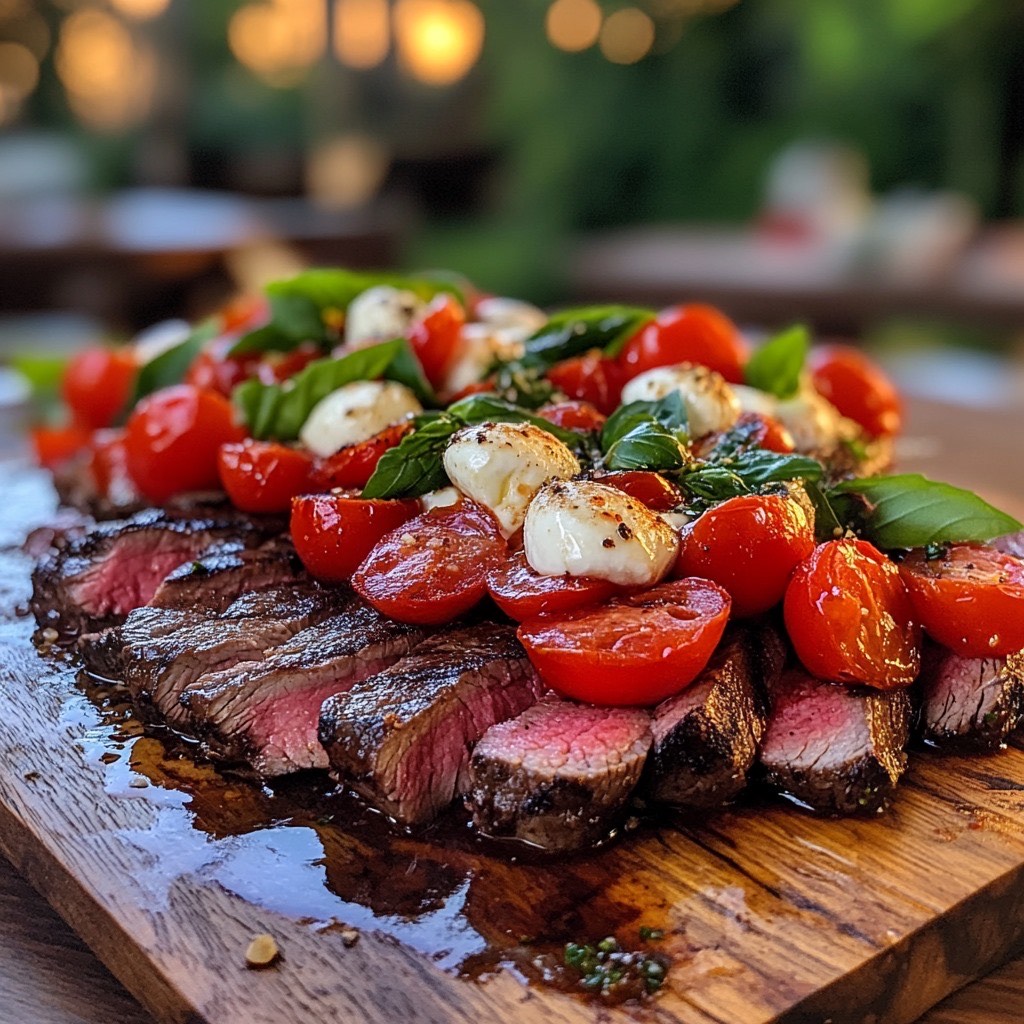 Fresh ingredients for Balsamic Caprese Grilled Flank Steak arranged on a wooden table.