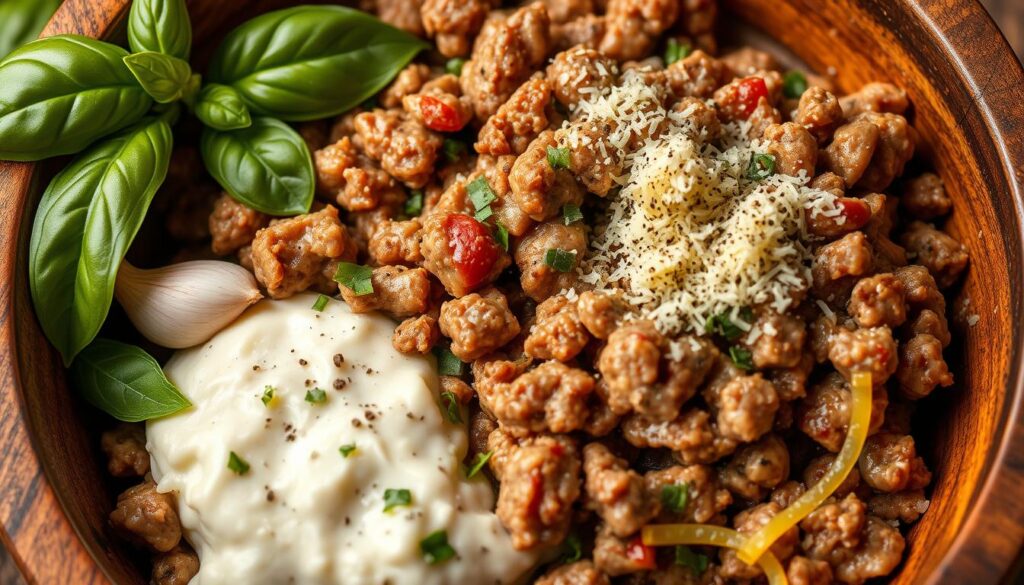 Plate of creamy ricotta beef stuffed shells garnished with fresh basil and extra parmesan cheese.