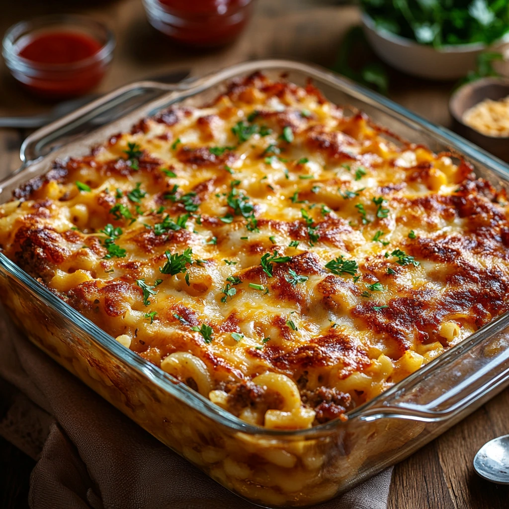 Golden-brown Mac and Cheese Meatloaf Casserole fresh out of the oven, garnished with parsley.