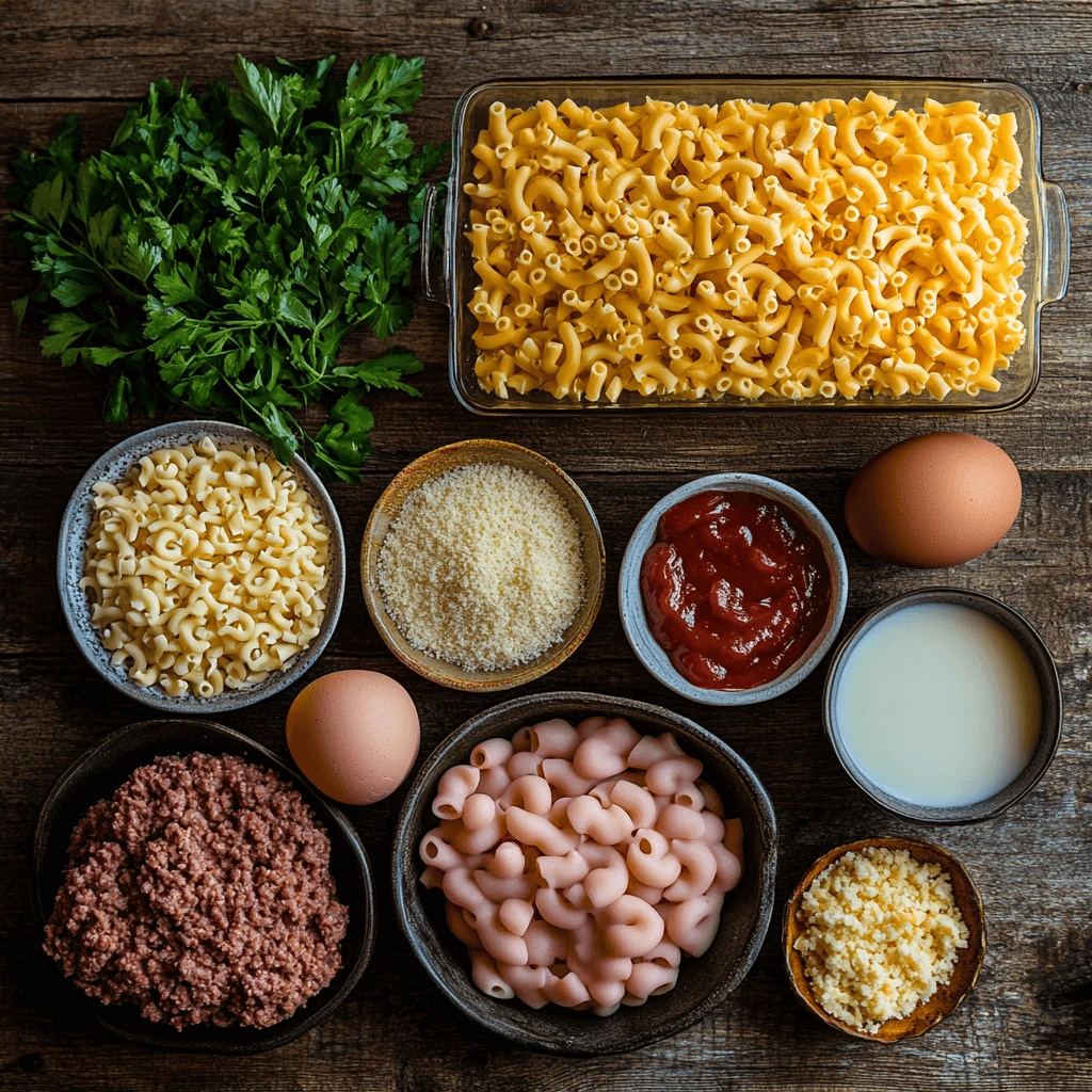 Ground beef mixture being pressed into a casserole dish for the meatloaf layer.