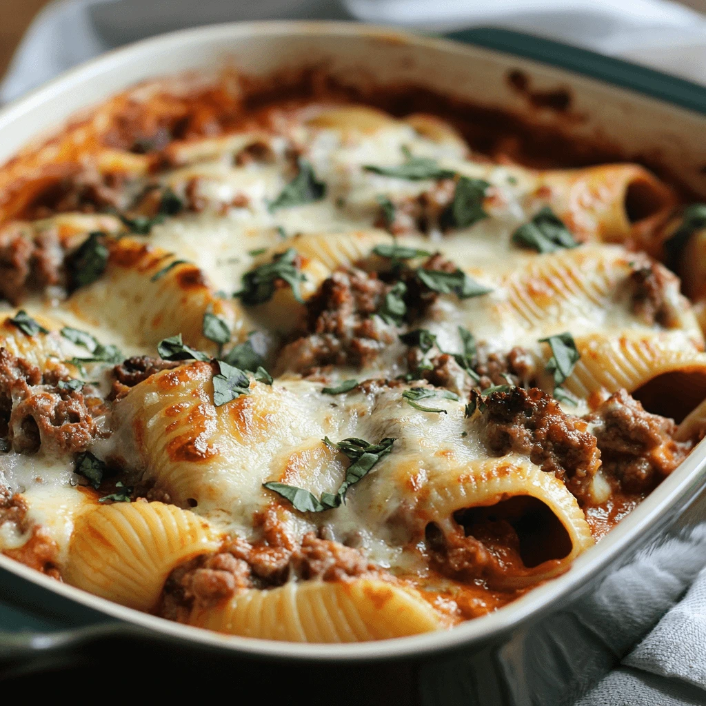 Stuffed shells in a baking dish topped with marinara sauce and mozzarella, ready to go into the oven.