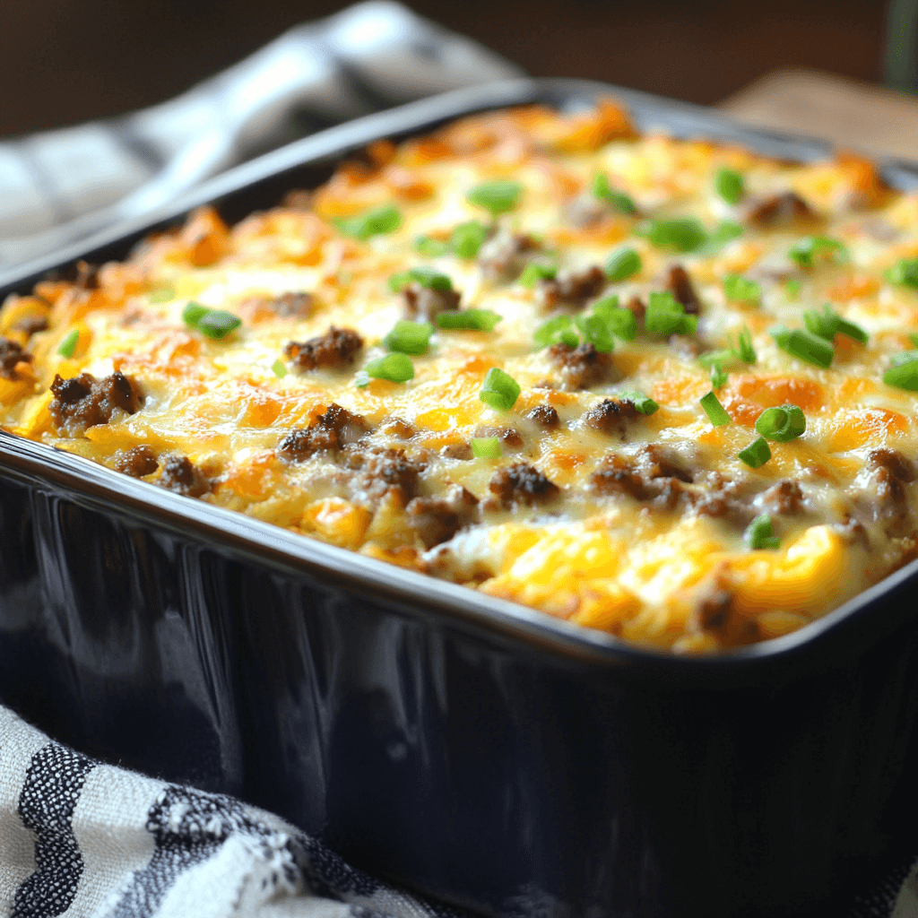 A whisked mixture of eggs, cream cheese, and seasonings in a glass bowl for a creamy casserole base.