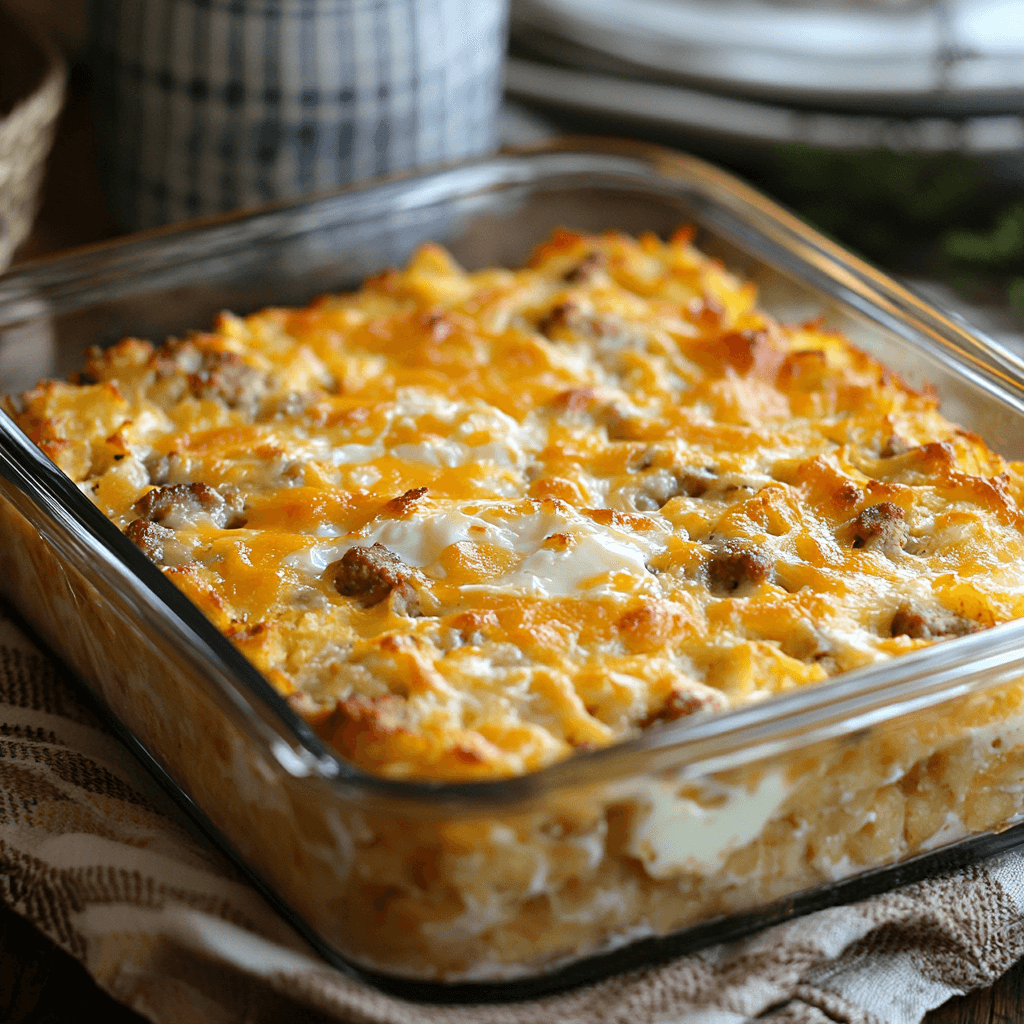 A close-up view of golden-brown hashbrowns evenly spread in a baking dish as the base layer for a breakfast casserole.