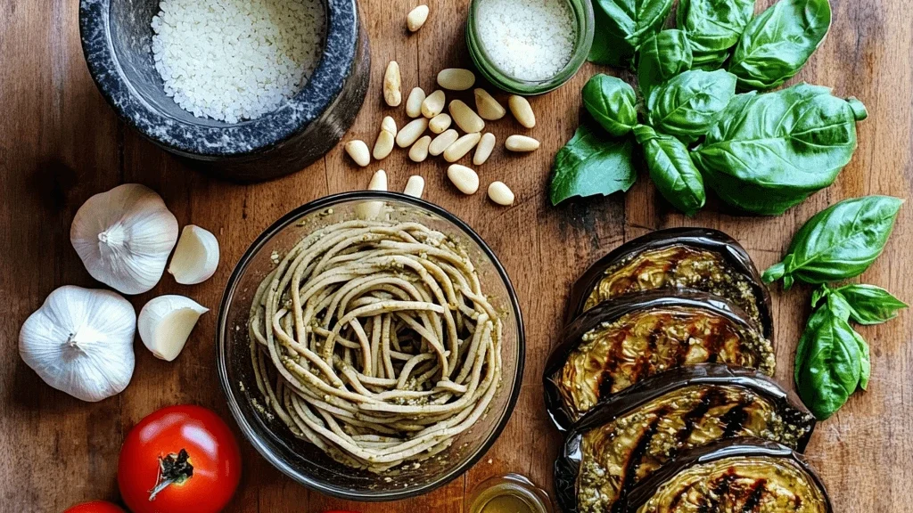 Fresh ingredients for soba noodle salad with pesto and grilled eggplant, including soba noodles, basil, eggplant, cherry tomatoes, and Parmesan cheese.