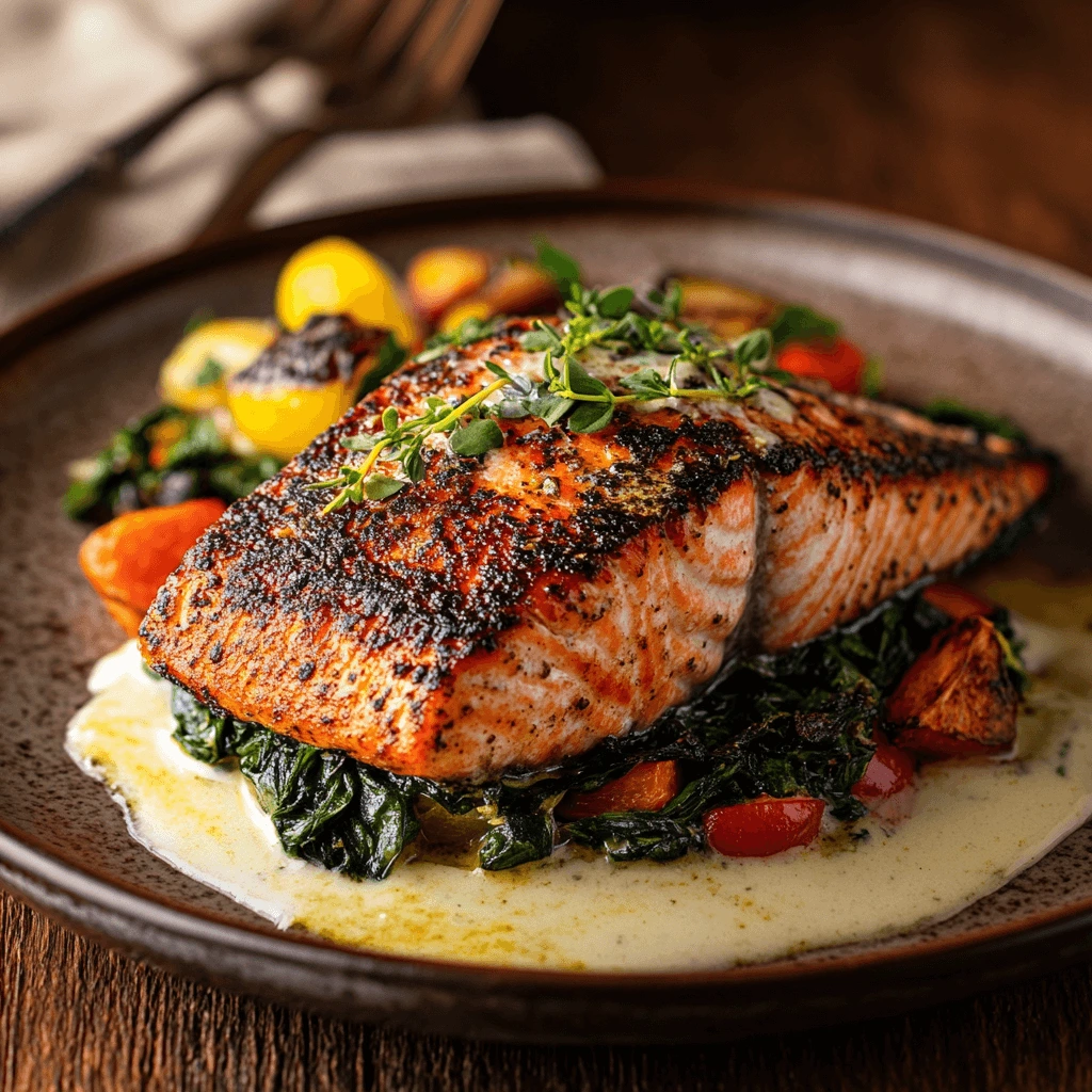 Blackened Salmon Stuffed with Spinach & Parmesan, beautifully plated with roasted vegetables and lemon slices.