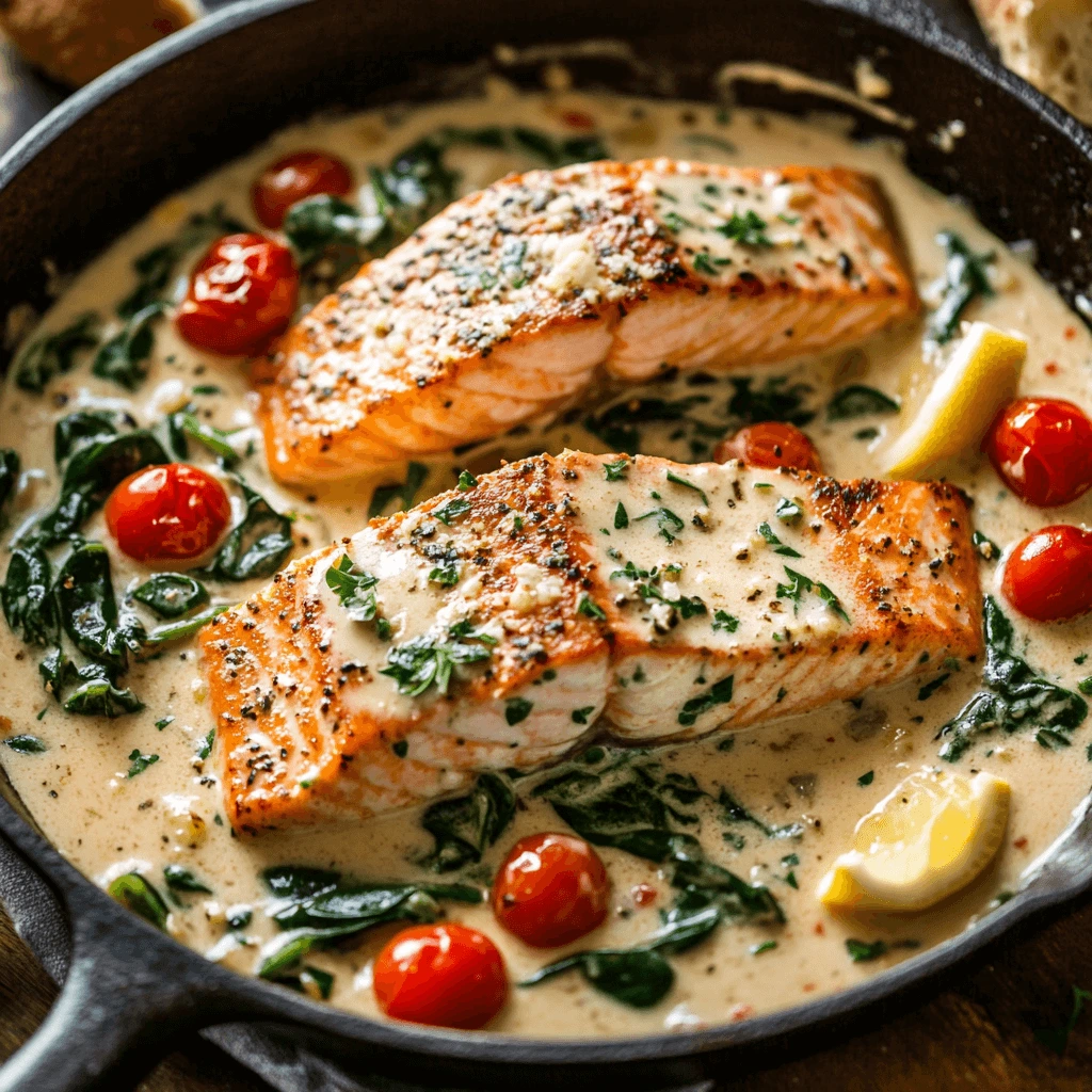 A finished and plated Tuscan Garlic Salmon Skillet with salmon fillets, creamy sauce, spinach, tomatoes, and garnishes.