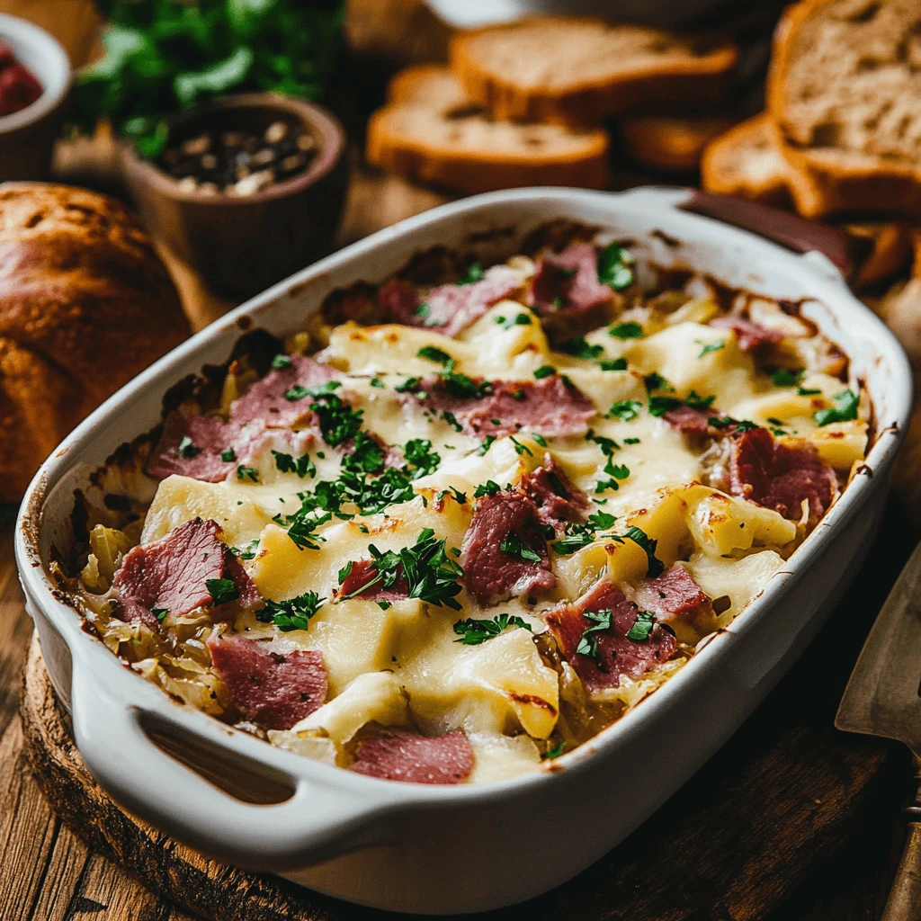 Final image of Cheesy Reuben Bake fresh out of the oven