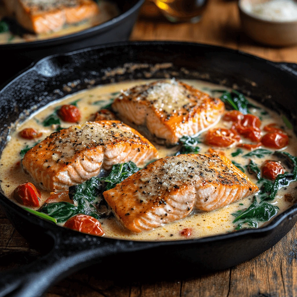 Partially prepared Tuscan garlic salmon skillet, with salmon fillets, creamy sauce, spinach, and tomatoes in the pan.