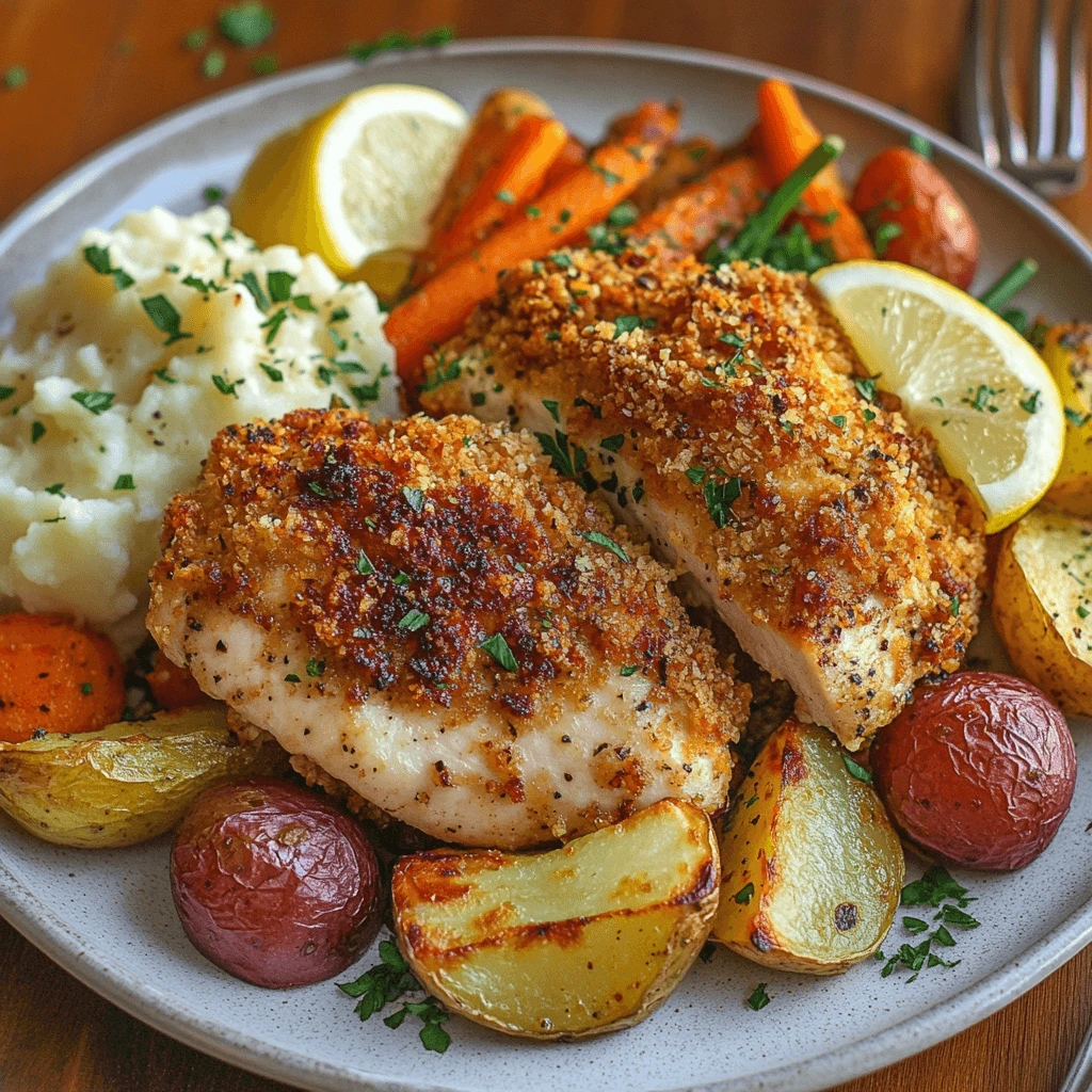 A beautifully plated, golden-brown Parmesan-Crusted Chicken Delight, garnished with parsley and served with mashed potatoes and steamed vegetables.