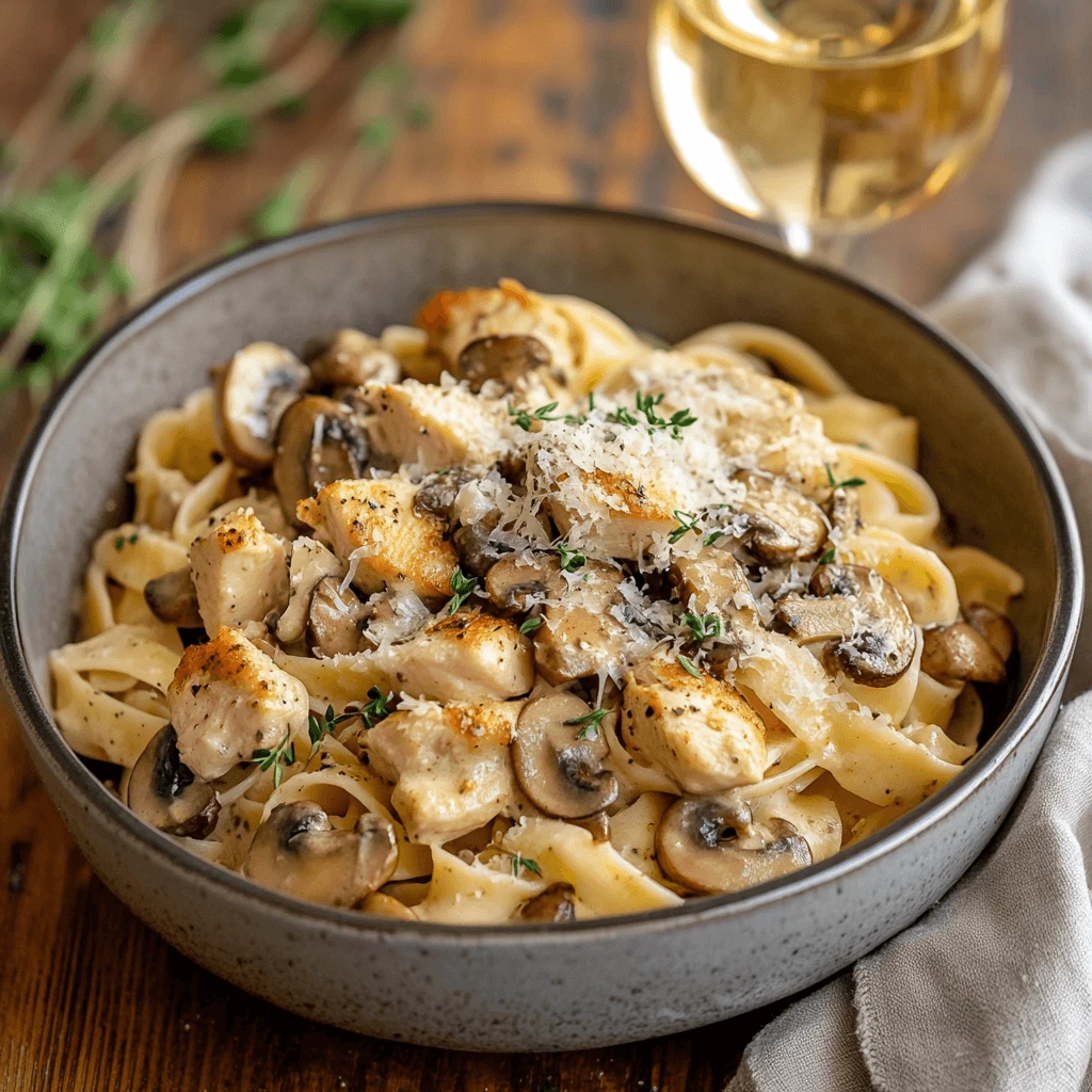 A delicious bowl of creamy chicken and mushroom pasta, garnished with chicken, mushrooms, cream sauce, parmesan, and herbs.