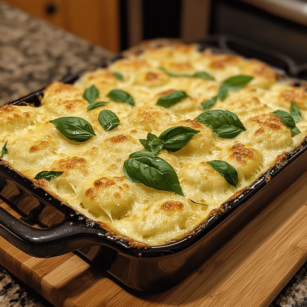 Fully baked Million-Dollar Ravioli Casserole with golden-brown cheese, garnished with fresh basil leaves.