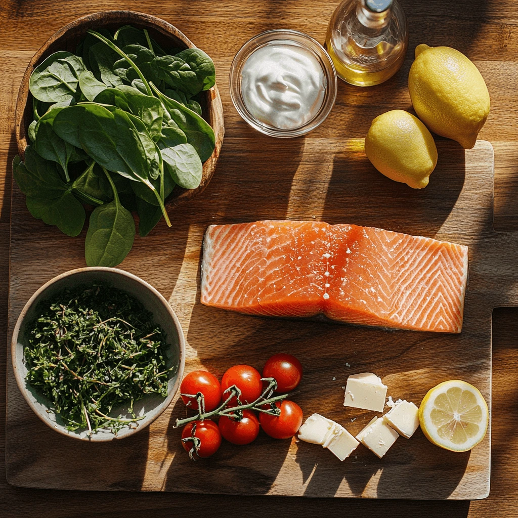 Fresh ingredients for Tuscan Garlic Salmon Skillet: salmon, garlic, spinach, tomatoes, lemon, and herbs.