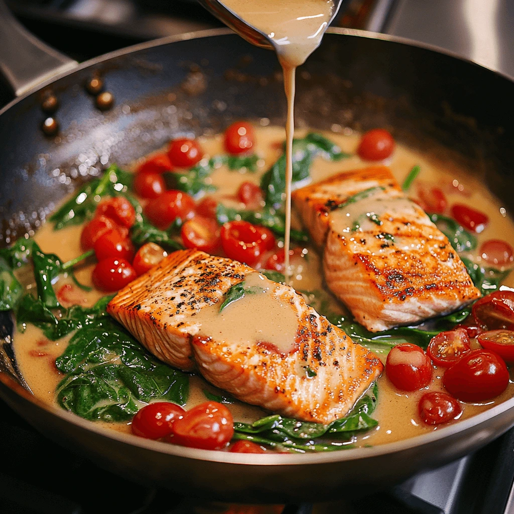 Sautéing garlic, salmon fillets, spinach, tomatoes, and making the creamy Tuscan sauce in a skillet.