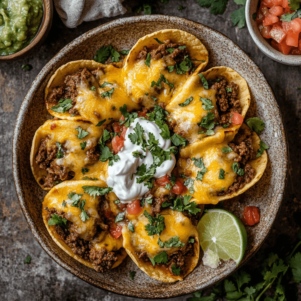 Finished Crockpot Cheesy Taco Shells & Beef with melted cheese, savory beef, sour cream, and cilantro on a rustic plate.