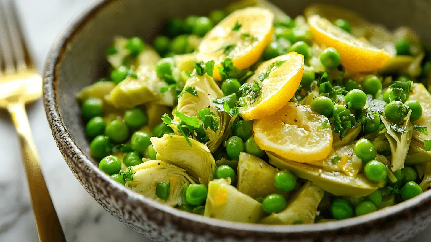 A beautifully plated Artichoke, Green Peas, and Preserved Lemon Salad in a ceramic bowl, featuring bright colors and fresh ingredients on a marble countertop.