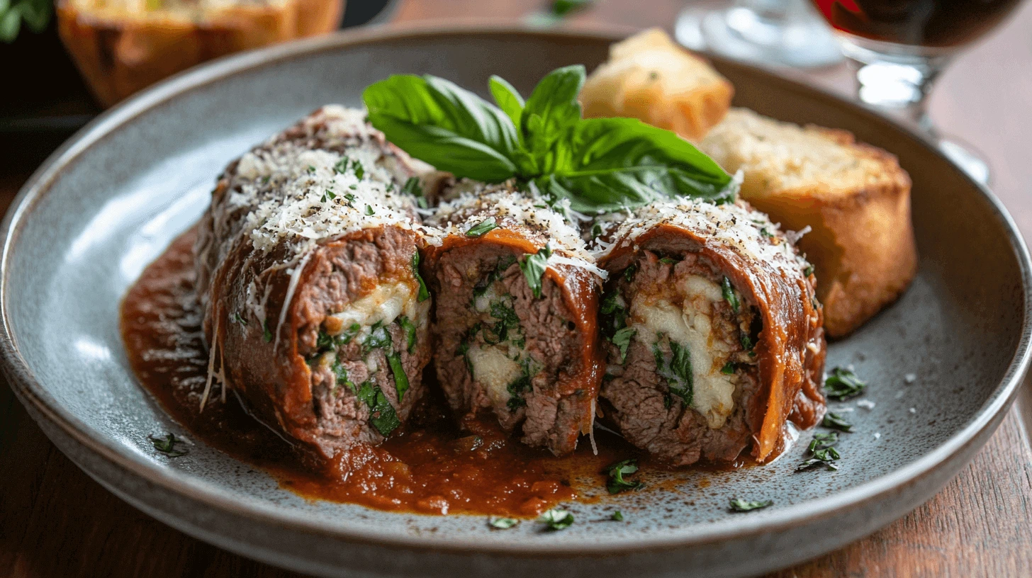 A plate of perfectly cooked Braciole, sliced open to reveal its flavorful filling, topped with tomato sauce and fresh basil, served with garlic bread in a modern kitchen setting.