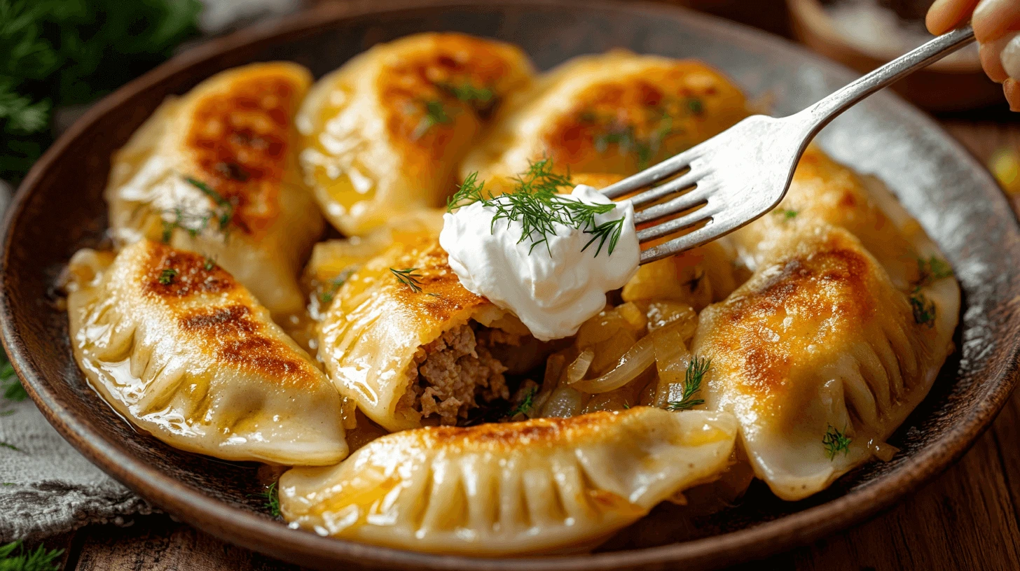 Golden, pan-fried meat pierogi served with sour cream, sautéed onions, and fresh dill on a rustic ceramic plate.