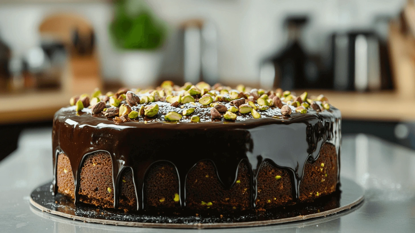 A perfectly baked Flourless Pistachio Cake topped with a glossy chocolate ganache and crushed pistachios, set on a sleek modern kitchen counter.