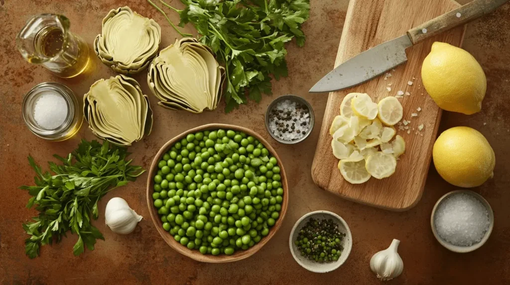 Fresh artichokes, green peas, preserved lemons, parsley, olive oil, and garlic neatly arranged on a wooden countertop in a modern kitchen.