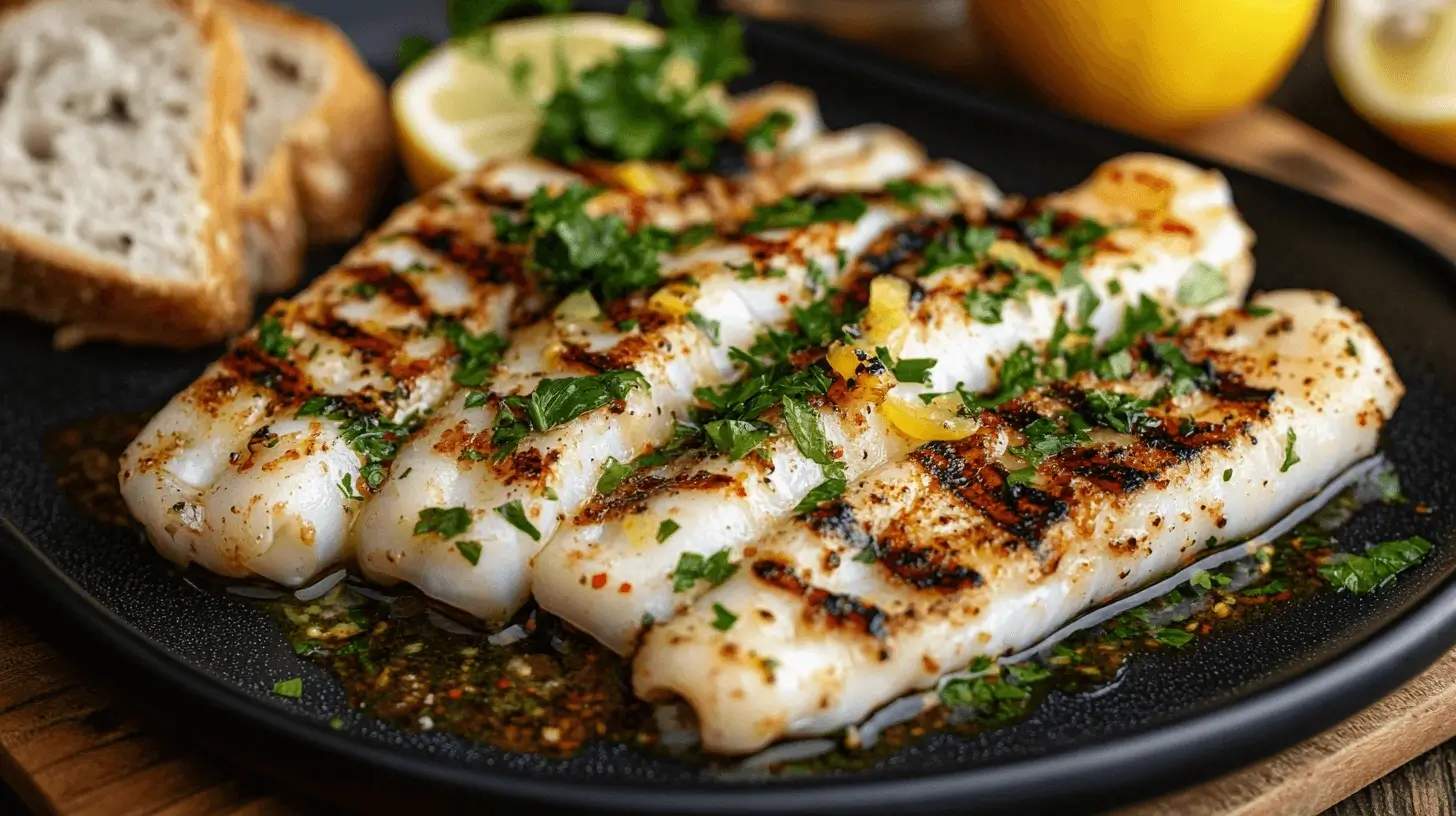 A plated dish of grilled squid with garlic, chili, and parsley, garnished with lemon and served in a modern kitchen setting.