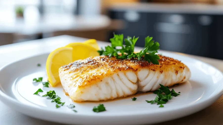 Plated lemon butter fish fillet with a golden crispy exterior, garnished with parsley and lemon wedges, placed on a modern dining table.