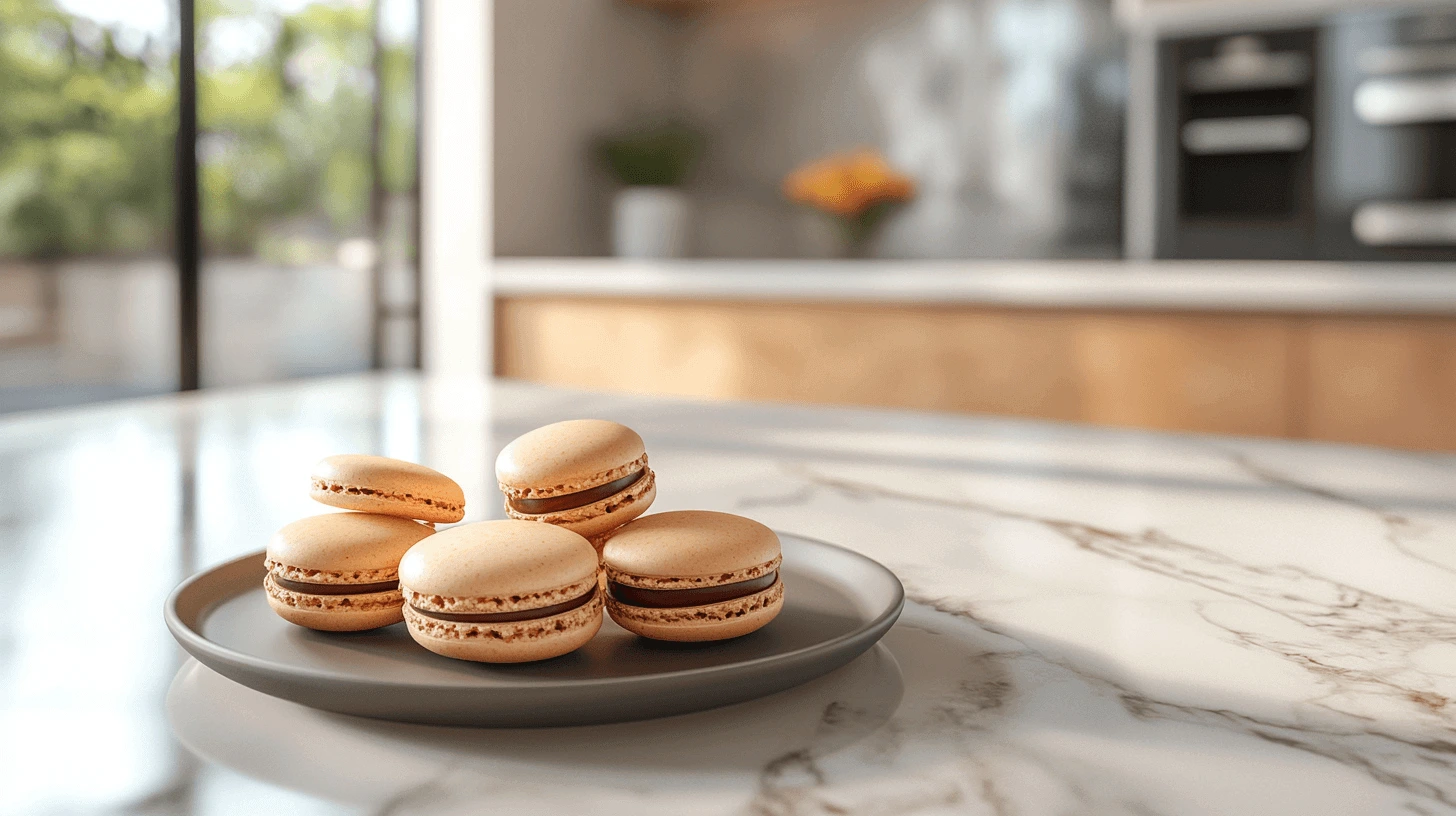 A plate of golden-brown passion fruit macaroons with vibrant yellow passion fruit pulp on a sleek white plate in a modern kitchen.